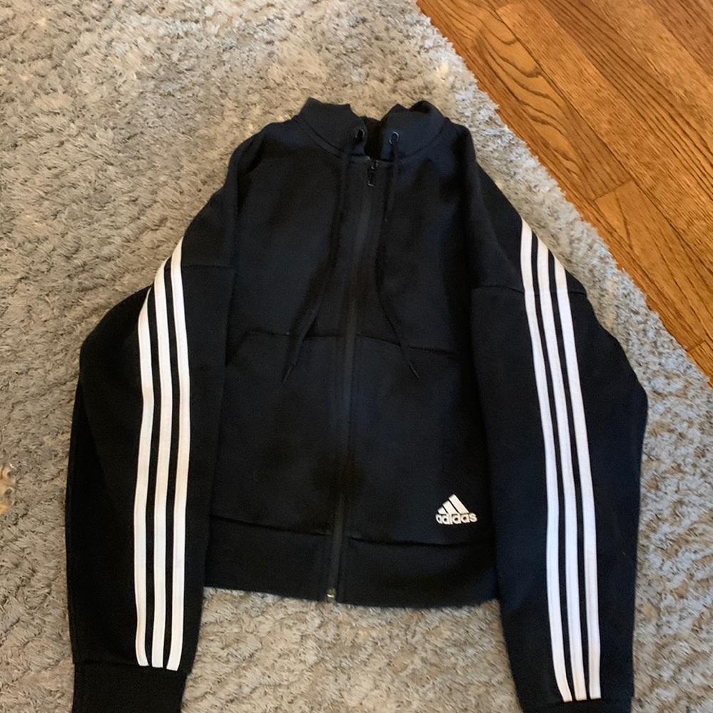 Adidas Woman's small black with white stripes zip up
